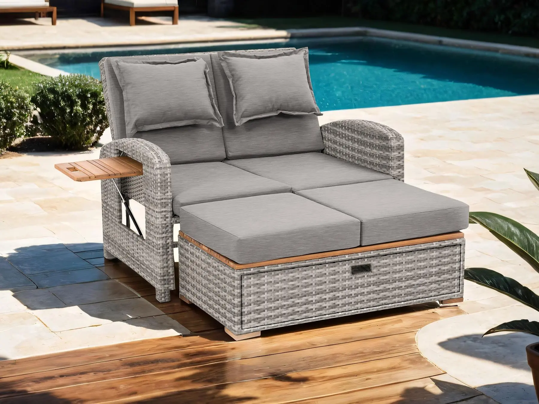 Bahia Tobago Lounge – 5-Position Adjustable Outdoor Daybed, Convertible Loveseat with Cushions & Detachable Pillows, Foldable Teak Side Tables, Hidden Storage Bench
