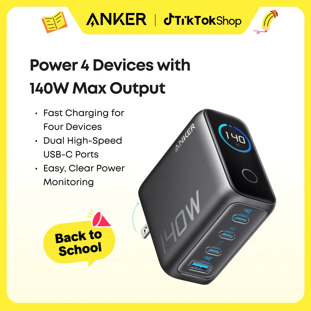 [Limited Offer]Anker Laptop Charger (140W, 4-Port, PD 3.1), Portable Charger with 4-Port Fast Charging, Advanced GaN Power Adapter, Intuitive Touch Controls, For MacBook, iPhone 16 Series, Samsung, Pixel, and More sohochic