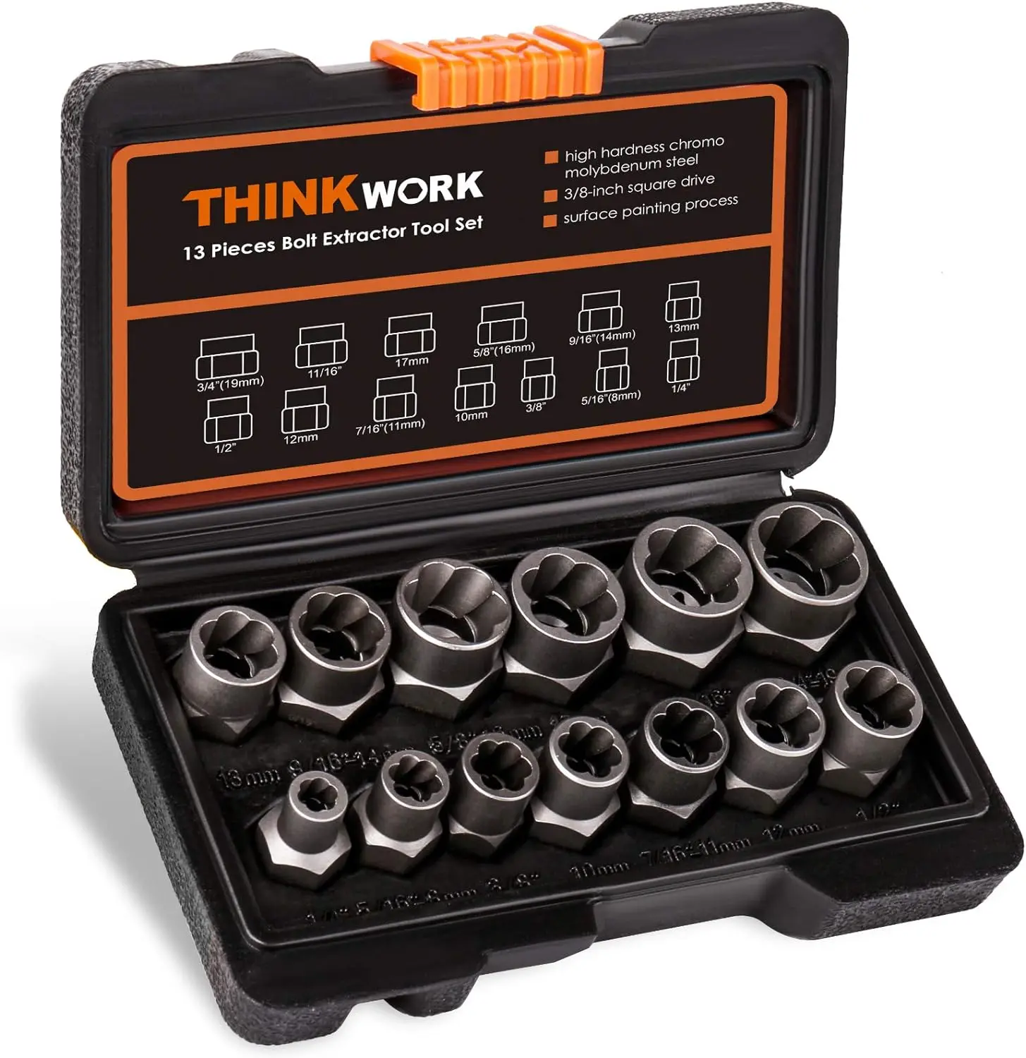 THINKWORK Bolt Extractor Tool Set, 13+1 Counts Impact & Nut Remover Stripped Lug Remover, Drive Rounded Bolt Remover for Removing Damaged, Frozen Universal Impact impact bolt Socket Wrench Set