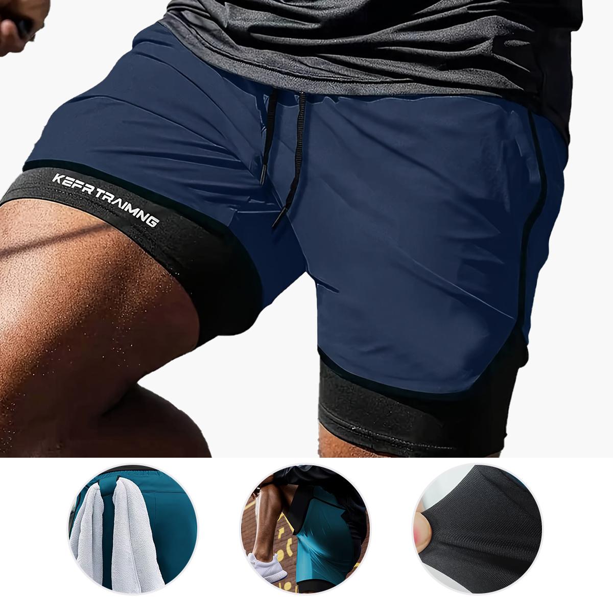 Men's two-piece double-layer sports shorts in solid color, with multiple pockets, suitable for fitness, running, outdoor hiking, soccer, beach and casual wear.