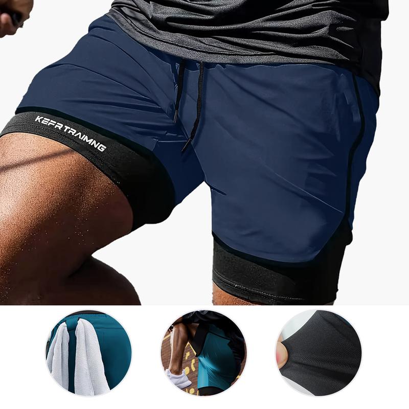 Men's two-piece double-layer sports shorts in solid color, with multiple pockets, suitable for fitness, running, outdoor hiking, soccer, beach and casual wear.