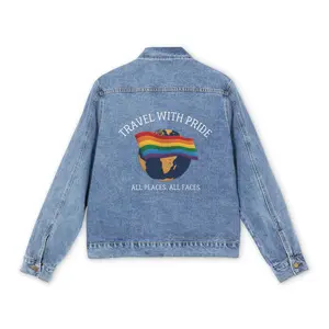 Men's Rainbow Flag Earth Denim Jacket, Pride Tops, Casual Spandex Fabric, Relaxed Fit