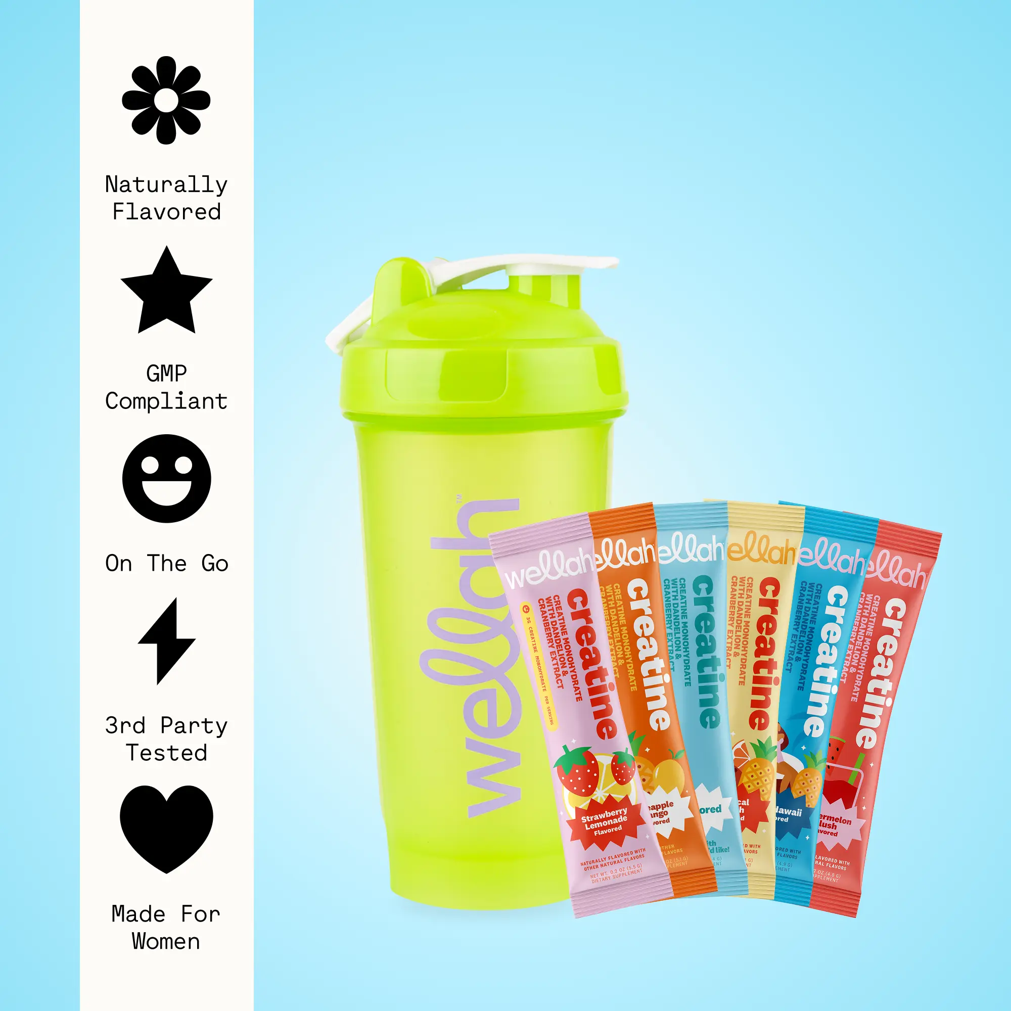 Wellah Creatine Sample Pack + Shaker Bottle | Creatine Monohydrate Stick Packs Energy Drink Beverage Sport Convenient Daily
