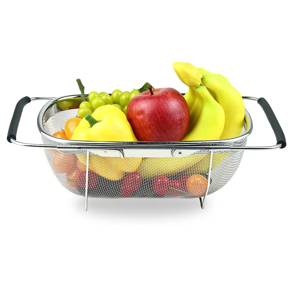 6 Quart Stainless Steel Colander Strainer for Kitchen Expandable Over Sink Fine Mesh Drain Basket with Rubber Handles for Pasta, Fruits, Vegetables, Salad, Rice, Noodles & Food Washing