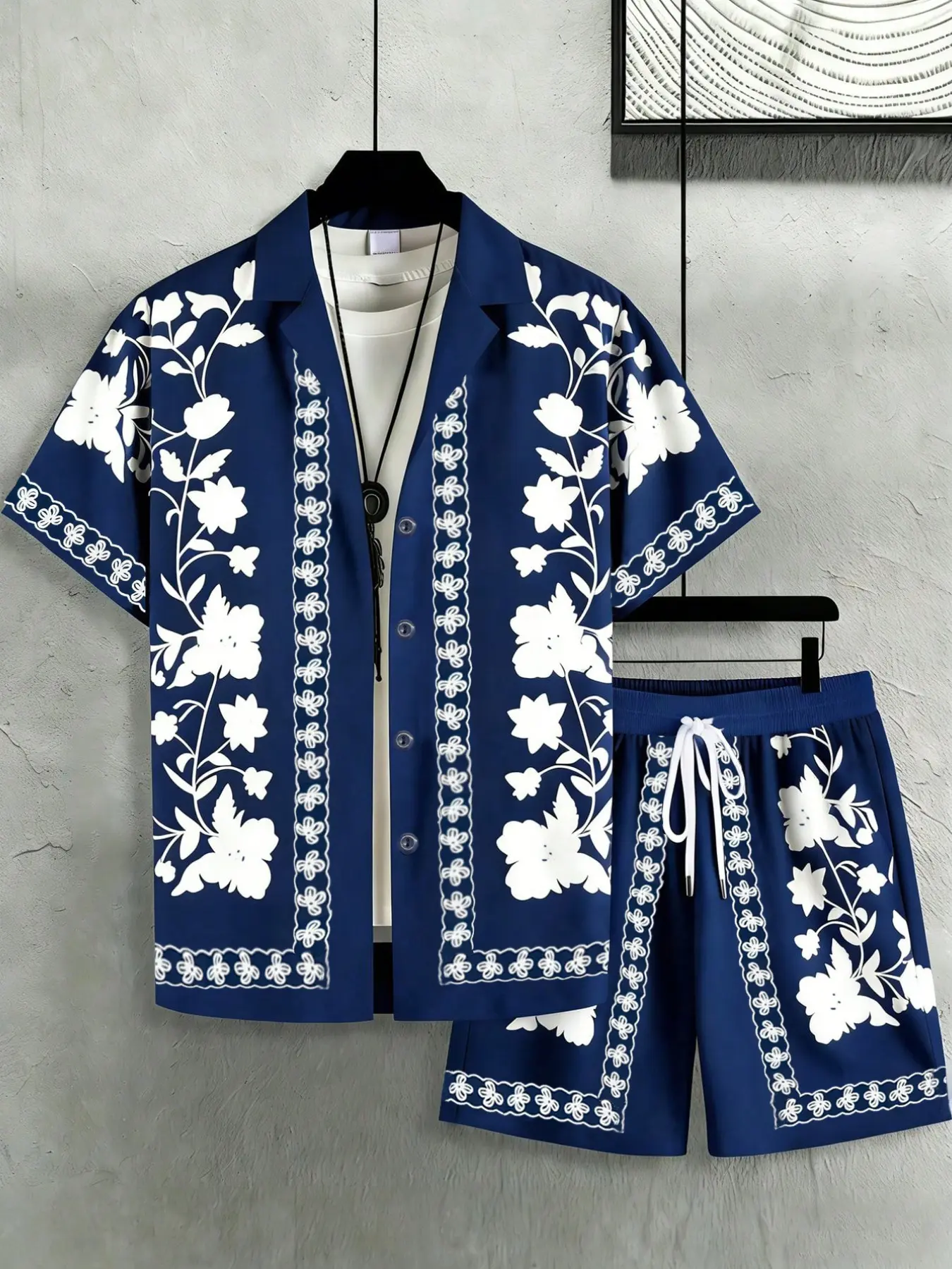 Men's Sleepwear Loungewear Pajama Set Floral Print Suit Collar Short Sleeve Shirt, Dual Pocket Drawstring Shorts, Knit Fabric, Spring Summer, 2-Piece Set