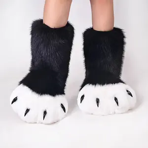 Novelty Animal Plush Slippers Panda Wolf Dog Fox Faux Fur Costume Paw Shoes Faux Fur Boots Costume Accessories Suitable for Party Costume Set Shoes