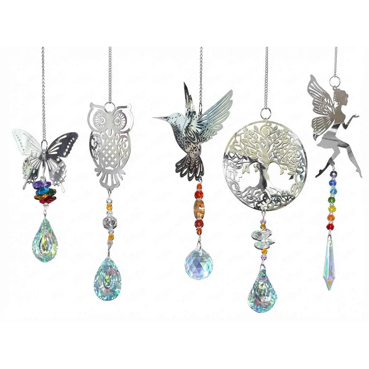 Set of 5 Silver Celestial Nature Sun Catchers — Crystal Prism