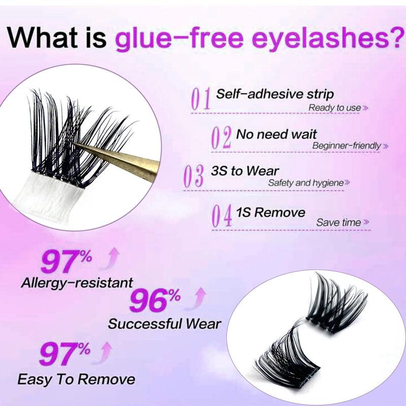MIKIWI D Curl 110PCS Lash Clusters Wispy Glue Free Eyelash Extensions Fluffy Self Adhesive Individual Lashes 10-16mm Mix Length Natural DIY Cluster Lashes With Soft Thin Band