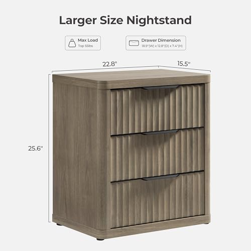 SICOTAS Night Stand Set of 2 Nightstands with 3 Drawers Storage Bedside Table Large Fluted Bed Side End Table Modern 25.6" Tall Wide Mid Century Night Stands for Bedroom Living Room Sofa Couch Office, Minimalist and Practical