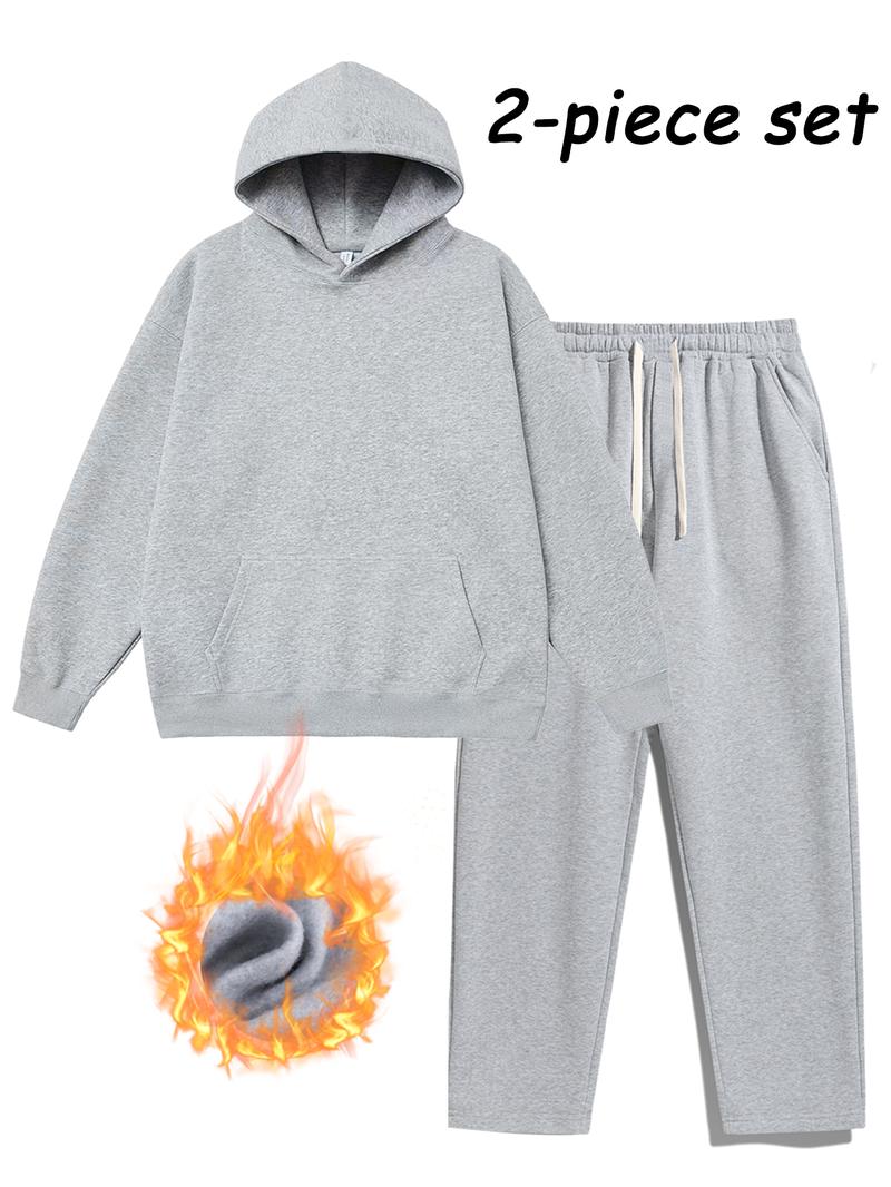 Men's Plain Two-Piece Sweatsuit Set, Fitted Casual Hoodie & Drawstring Pants, Thick Fabric for Fall/Winter, Everyday Wear Essentials Outfit Outdoor