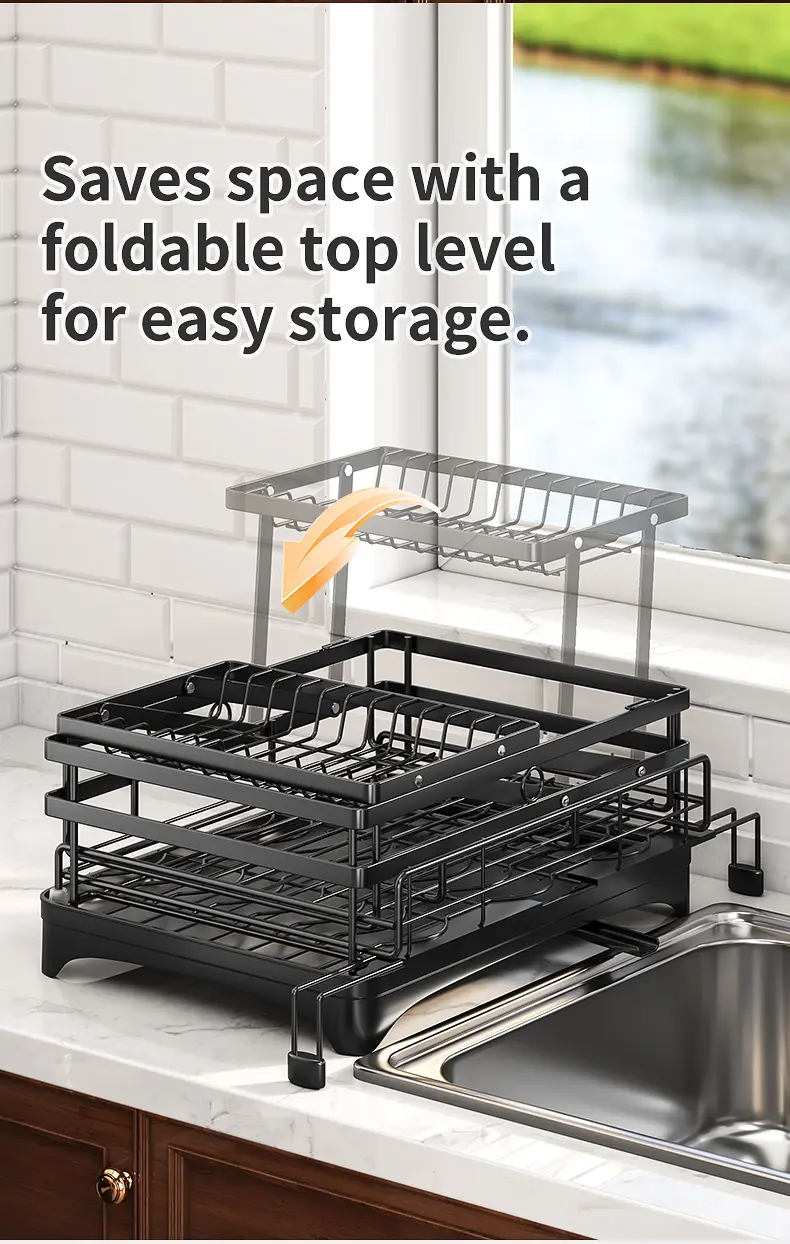 Seashark Foldable Over-Sink Countertop Dish Rack - Pull-Out 2-Tier Dish Drainer with Removable Utensil Holder, Adjustable Organiser, 360° Sink Drain for Small Kitchens, Home Goods, Apartment Stuff, Small Room Organization Products