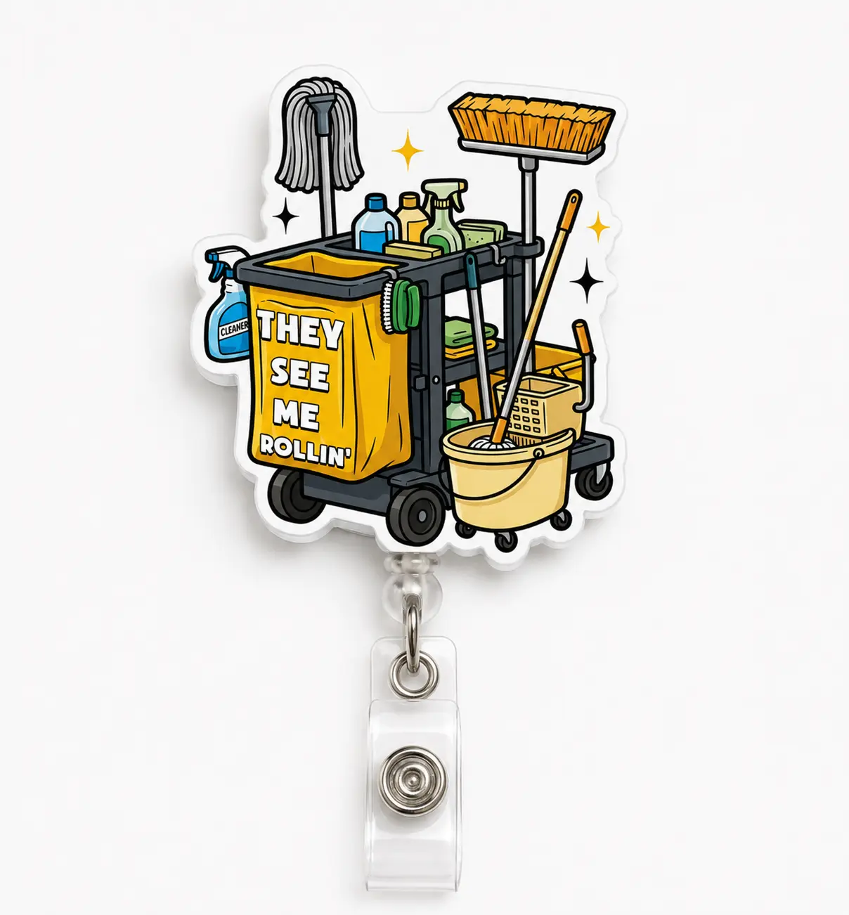 Badge Reels for Housekeepers, They See Me Rollin Funny Janitor Cart Acrylic ID Holder, Retractable Clip EVS Custodian Gift