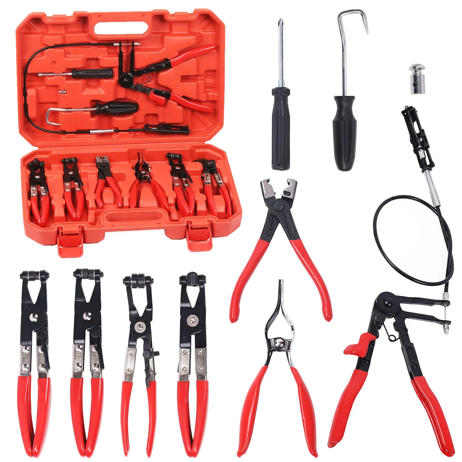 9Pcs Automotive Hose Clamp Pliers Tool Kit - Flexible Cable Long-Reach Pipe Clamp Removal Pliers with Storage Case for Car Radiator Coolant Fuel Line Repair, Garage gadgets Mechanics