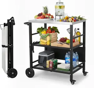 ROVSUN Stainless Steel Foldable Grill Table Cart, Outdoor Food Prep Rolling Cart with Wheels and Storage Shleves, Paper Towel Holder, Easy Movable Kitchen Island for Home, Patio, Pizza Oven