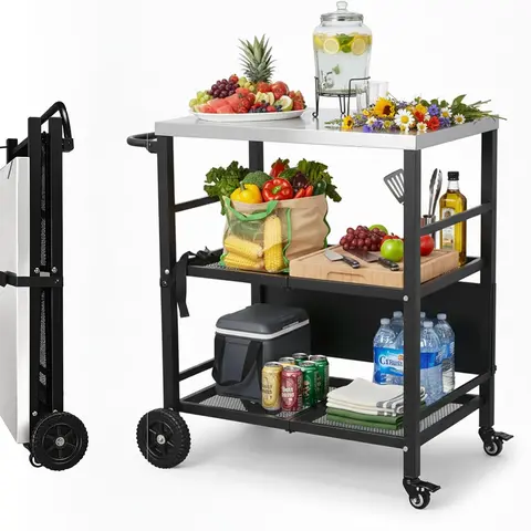 ROVSUN Stainless Steel Foldable Grill Table Cart, Outdoor Food Prep Rolling Cart with Wheels and Storage Shleves, Paper Towel Holder, Easy Movable Kitchen Island for Home, Patio, Pizza Oven
