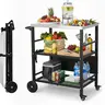 ROVSUN Stainless Steel Foldable Grill Table Cart, Outdoor Food Prep Rolling Cart with Wheels and Storage Shleves, Paper Towel Holder, Easy Movable Kitchen Island for Home, Patio, Pizza Oven