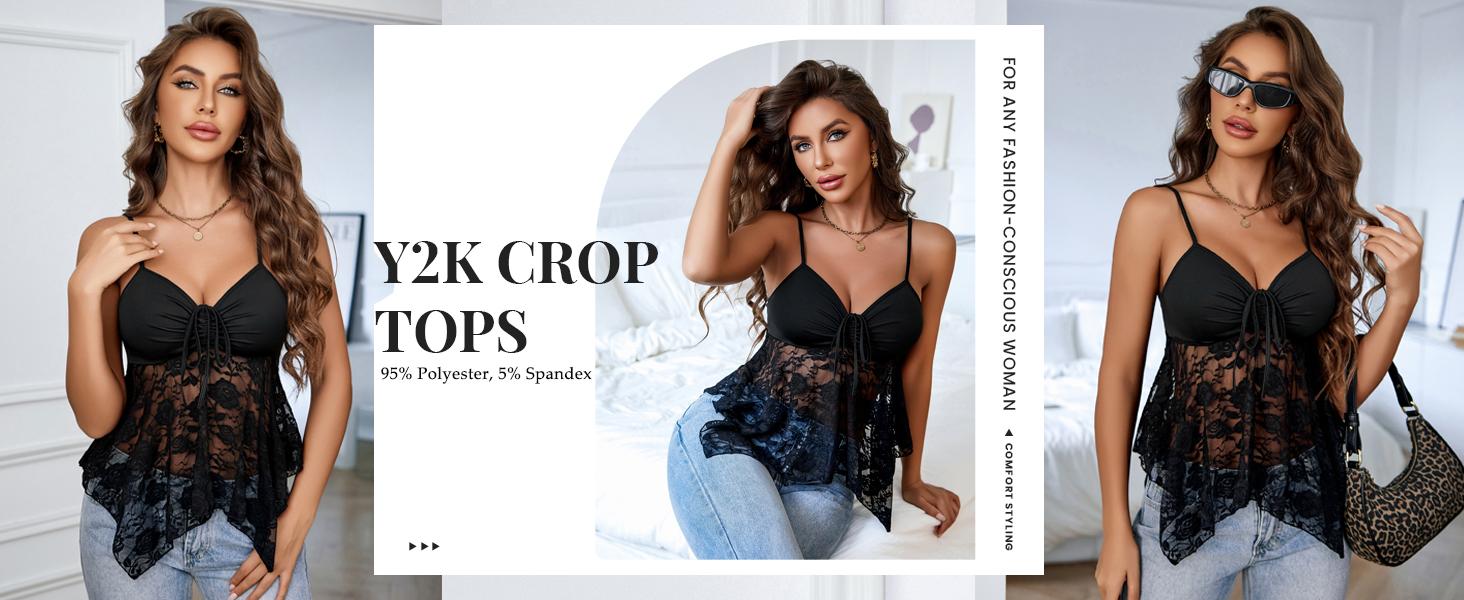 Avidlove Lace Bralette Crop Top for Women Y2k Cami Tank Top with Adjustable Spaghetti Straps & Elastic Thin Mesh Lace Comfortable Casual Lingerie Sizes Run Small Bustier SpringStatements Size Up For Fuller Bust
