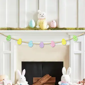 4.2 FT Easter Day Wooden Beads Garland with Colorful Egg-Shaped Charms, Spring-Themed Beaded Tiered Tray Decor, Rustic Farmhouse Banner for Easter Celebration, Shelf Display, Fireplace, Wall Decor