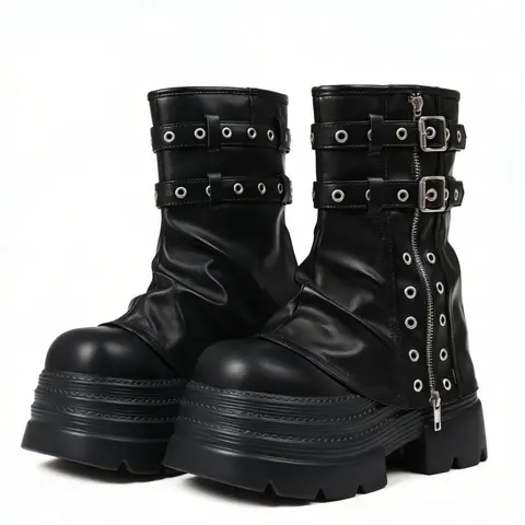 AOSPHIRAYLIAN Women's Cute Fashion Gothic Punk Ankle Boots - PU Leather Fabric, Chunky Platform Block Heel, Motorcycle Buckle, Zipper, Eyelets, Slouchy, Round Toe, Lace-Up Laces, Fall Party Shoes