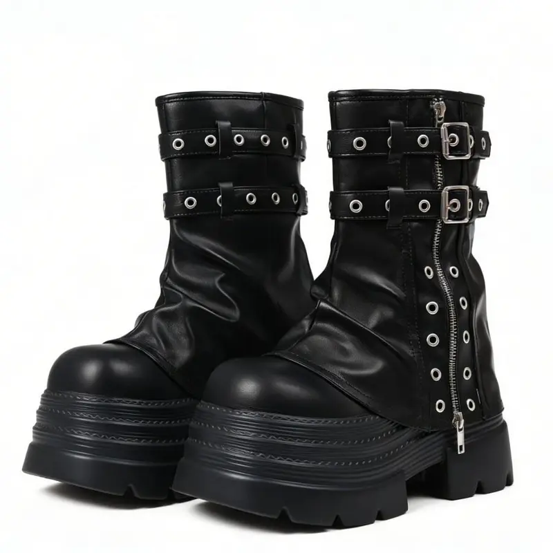 AOSPHIRAYLIAN Women's Cute Fashion Gothic Punk Ankle Boots - PU Leather Fabric, Chunky Platform Block Heel, Motorcycle Buckle, Zipper, Eyelets, Slouchy, Round Toe, Lace-Up Laces, Fall Party Shoes