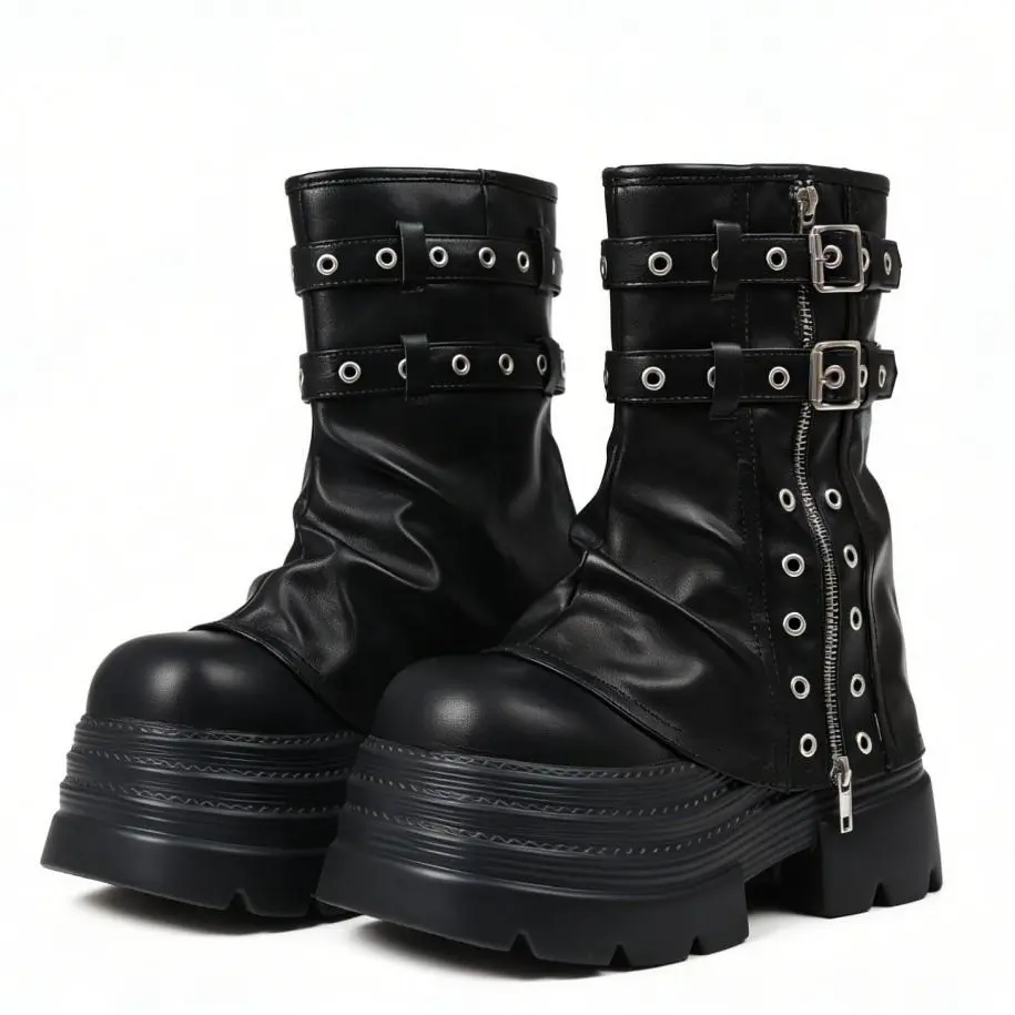 AOSPHIRAYLIAN Casual Goth Ankle Fold Over Boots Women Y2k Chunky Low Heel Fall Slouchy Platform Boots Motorcycle Buckle Zipper Design Fashion Buckle Black Boots Alt girls Concert Outfit Full Season Walking Shoes Footwear,summerwins,summeroutfits,vacationo