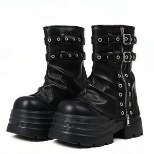 AOSPHIRAYLIAN Casual Goth Ankle Fold Over Boots Women Y2k Chunky Low Heel Fall Slouchy Platform Boots Motorcycle Buckle Zipper Design Fashion Buckle Black Boots Alt girls Concert Outfit Full Season Walking Shoes Footwear,summerwins,summeroutfits,vacationo