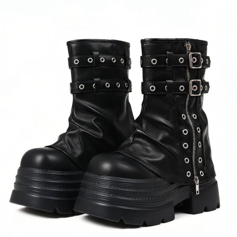 AOSPHIRAYLIAN Women's Cute Fashion Gothic Punk Ankle Boots - PU Leather Fabric, Chunky Platform Block Heel, Motorcycle Buckle, Zipper, Eyelets, Slouchy, Round Toe, Lace-Up Laces, Fall Party Shoes