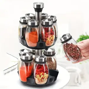 Double layer spice storage rack 360 °   rotating shelf tower set with 12 glass spice refill containers jars cabinet countertop kitchen accessories Bottles,Kitchen storage and organization racks Seasoning Canister