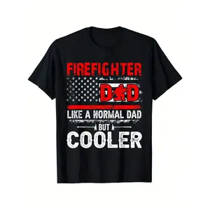 Vintage Firefighter Dad T-Shirt - 100% Cotton, Lightweight & Breathable, Crew Neck, Short Sleeve - Patriotic American Flag & Humorous "Cooler Dad" Design for Men - Ideal for Casual Wear & Father'S Day Gift, Sizes S-XXXL