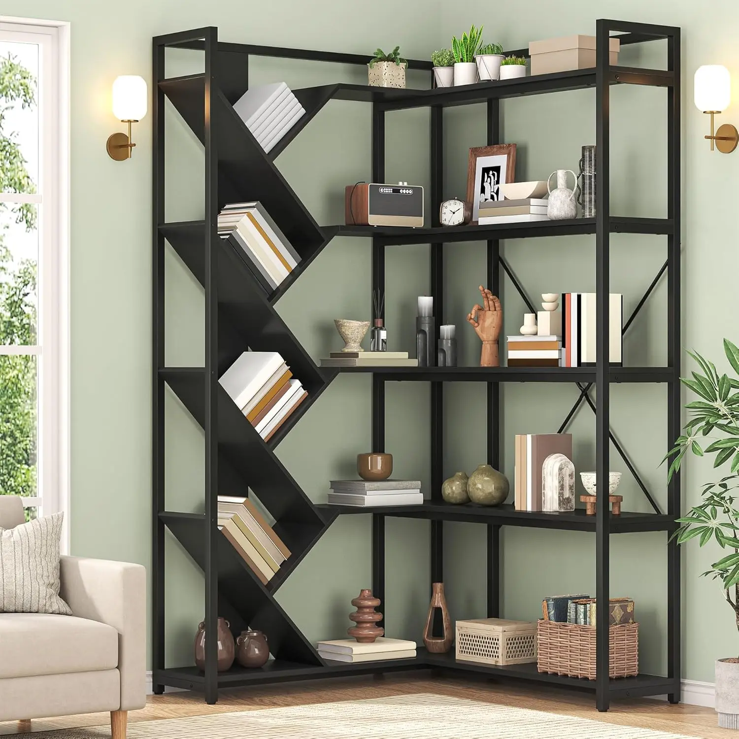 Corner Bookcase 71" Tall 5-Tier L-Shaped Modern Retro - Industrial Metal Frame Space-Saving Display Rack for Living Room, Home Office