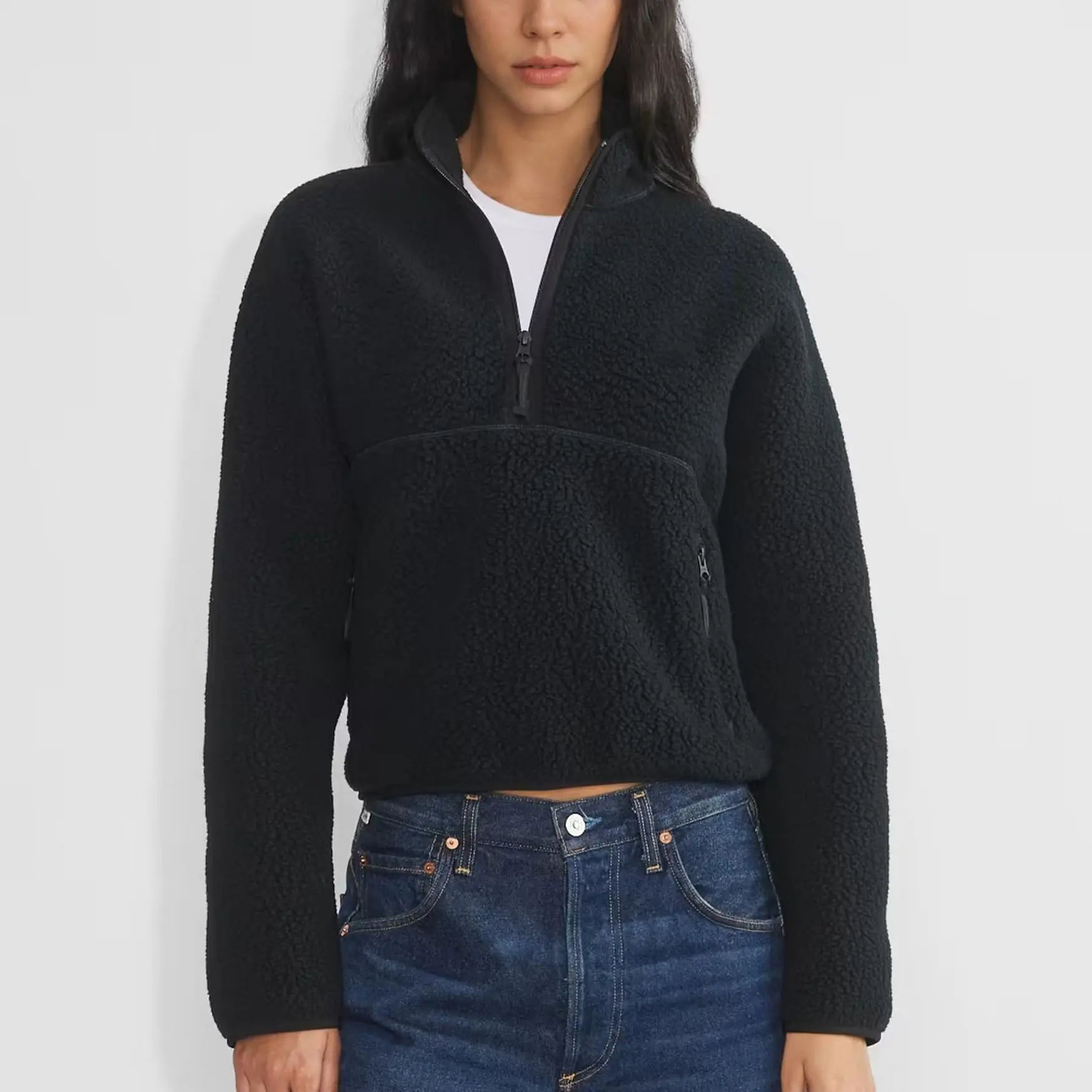 Songling Women's Fuzzy Sherpa Fleece Cropped Half-Zip Pullover Jacket - Cargo Zipper Pockets, Basic Sporty Chic, Breathable, for School Casual Wear (Sweatpants & Coats TikTokShopBlackFriday), Loose, Top