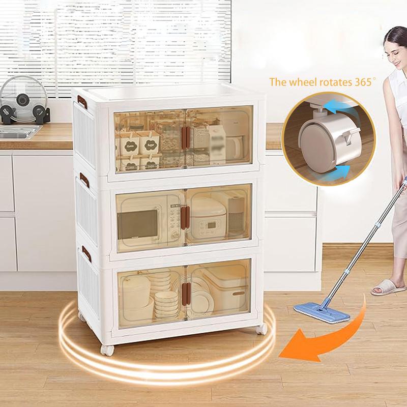 [Space-saving Storage Box]stackable storage box-Space-saving, storage cabinet, folding cabinet with covered wheels, can store clothes, snacks, toys, closet and book storage, open front door