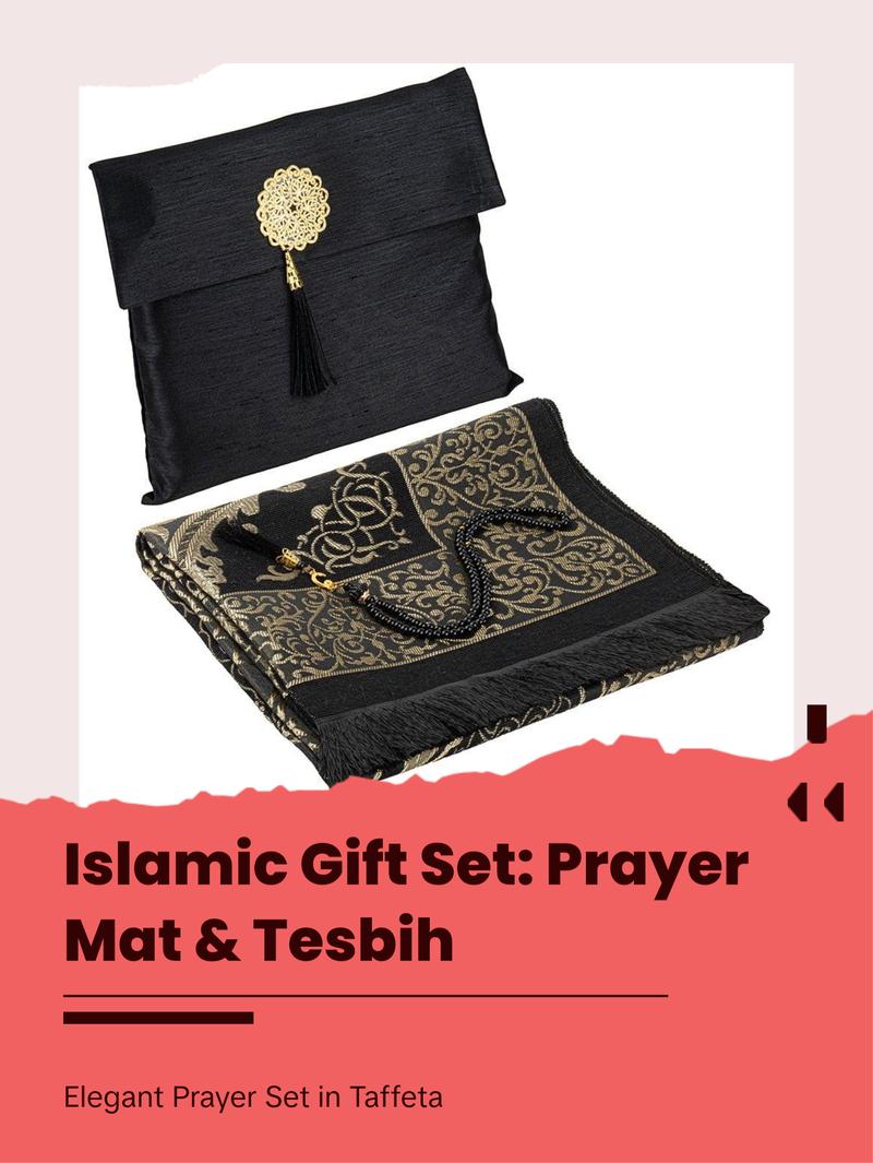 Islamic Gift Set - Prayer Mat & Tesbih in Taffeta Gift Bag - Black
