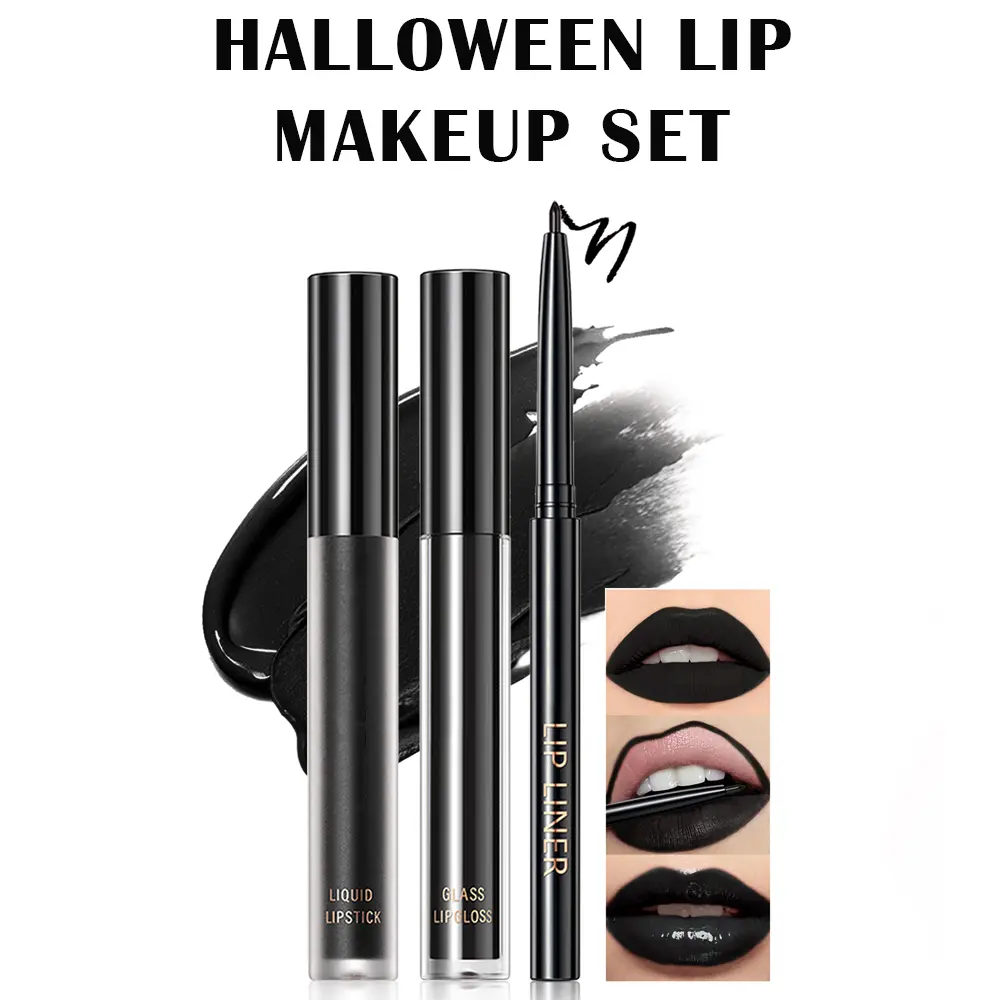 3-in-1 Black Lip Kit for Halloween Makeup Goth Makeup, Matte Liquid Lipstick, Lip Gloss & Gel Lip Liner, 24H Long Lasting Waterproof Gothic Lip Makeup, Black Magic