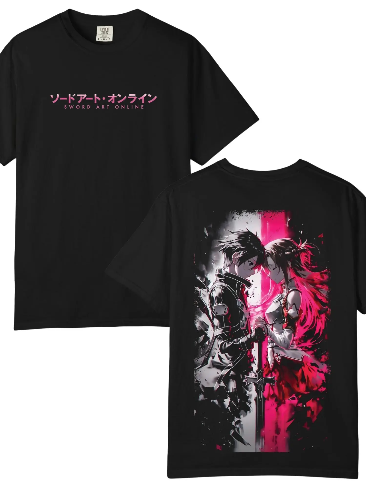 Kirito x Asuna Loving Graphic Tee, SAO Sword Art Online Anime Vintage Oversized Printed Graphic T-Shirt, Retro Y2K Double-Sided Print Oversize Anime Manga Shirt, Unisex Fit Casual Cotton Streetwear Otaku Tshirt, Gift For Fan Anime Lover Top Merch
