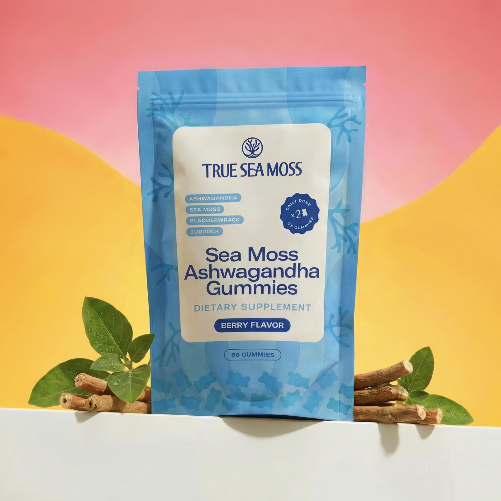 True Sea Moss Ashwagandha Gummies – With Bladderwrack, Burdock Root & Ashwagandha – 60 Vegan Gummies – Rich in Essential