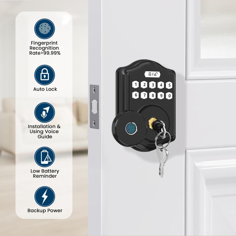 52hz AI Smart Fingerprint Door Lock with Code, Voice Guide, Password lock, Auto Lock, Easy to Install, Black Security-A3