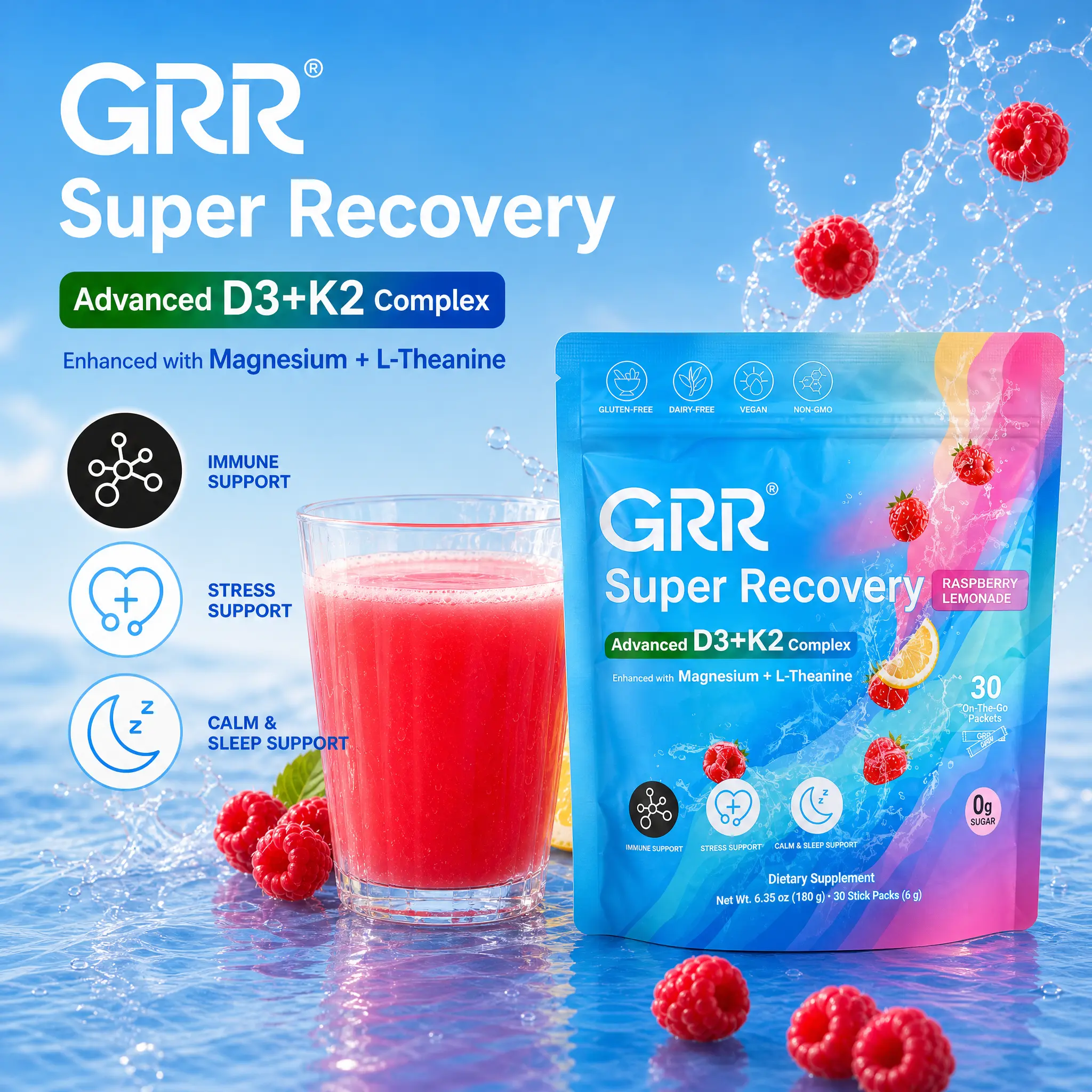 GRR Super Recovery Advanced D3+K2 Complex with Magnesium Glycinate & L-Theanine Supports Bone Immune & Daily Wellness
