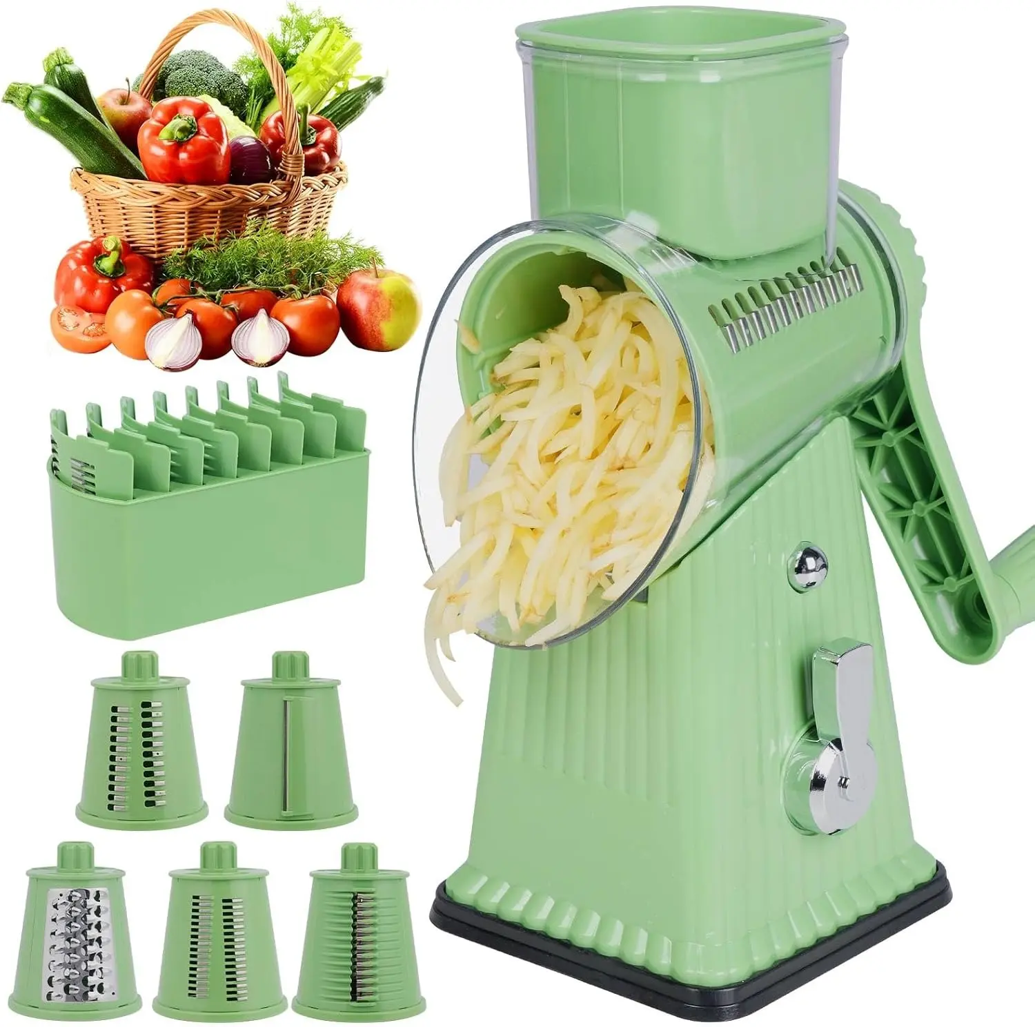 5-Blade Rotary Cheese Grater Manual Vegetable Slicer Shredder Kitchen Cutter with Stainless Steel Blades for Cheese Potato Carrot Cucumber Salad, Easy Hand Crank Vegetable Chopper Kitchen Tool,home essentials