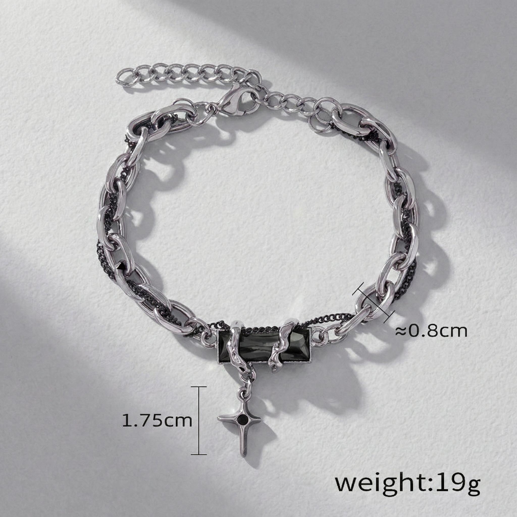 Punk Style Cross Bracelet, Cyber Y2K Silver Tone Chain with Black Stone - Vintage Aesthetic Jewelry for Women Men