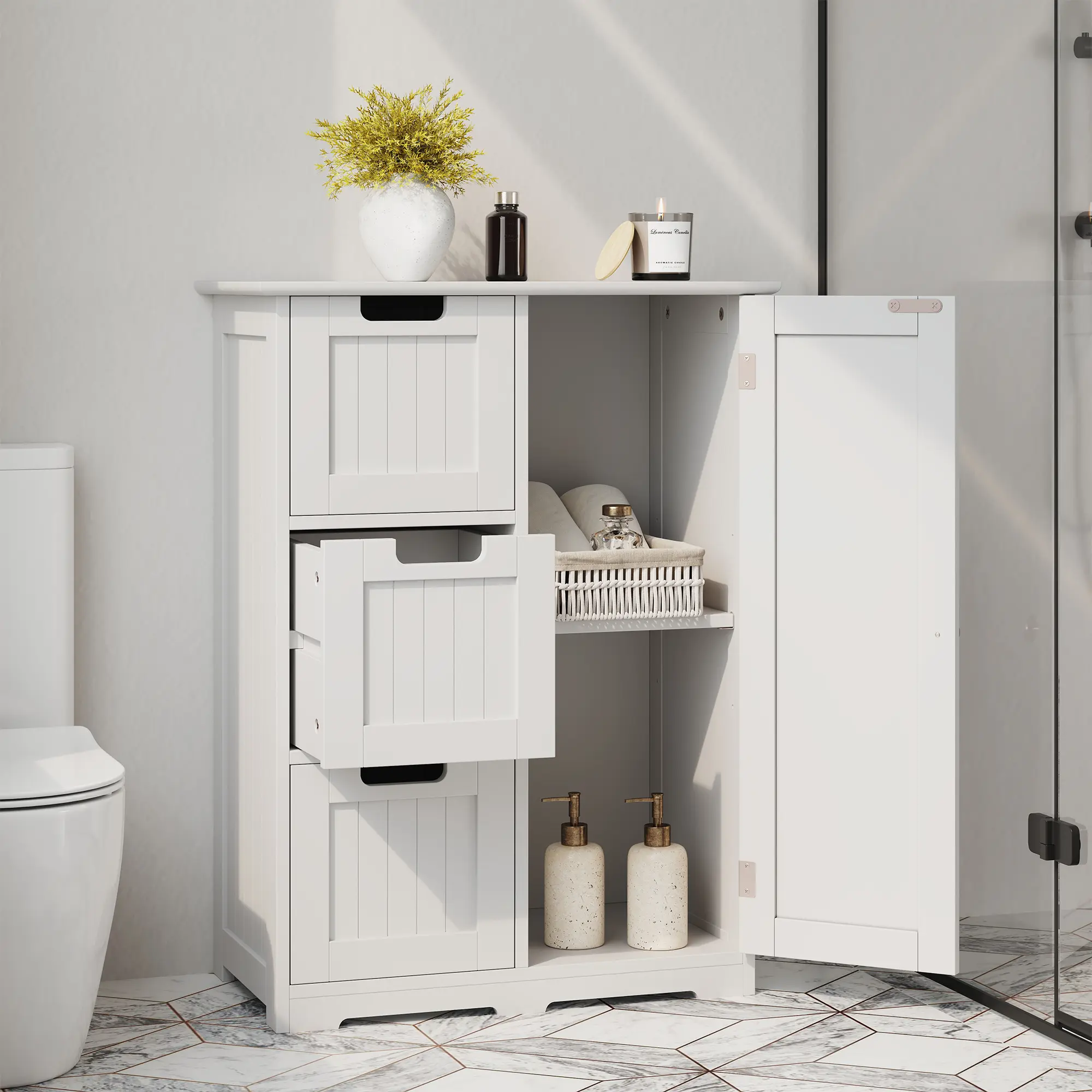 Sweetcrispy Modern White Wooden Floor Sideboard - Door-Enclosed Drawer Dresser Cabinet, Adjustable Shelves, Freestanding Modern Accent Cabinet with Easy Setup, Entryway Table & Bedroom Storage Furniture for Minimalist Decluttering, Fits Entryway & Bath