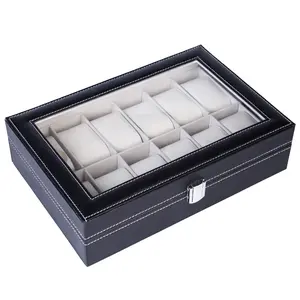 12 Compartments Top-level Opening Style Leather Watch Collection Box Black High-grade Leather Portable & Practical Storage Organizer for Watch Collectors