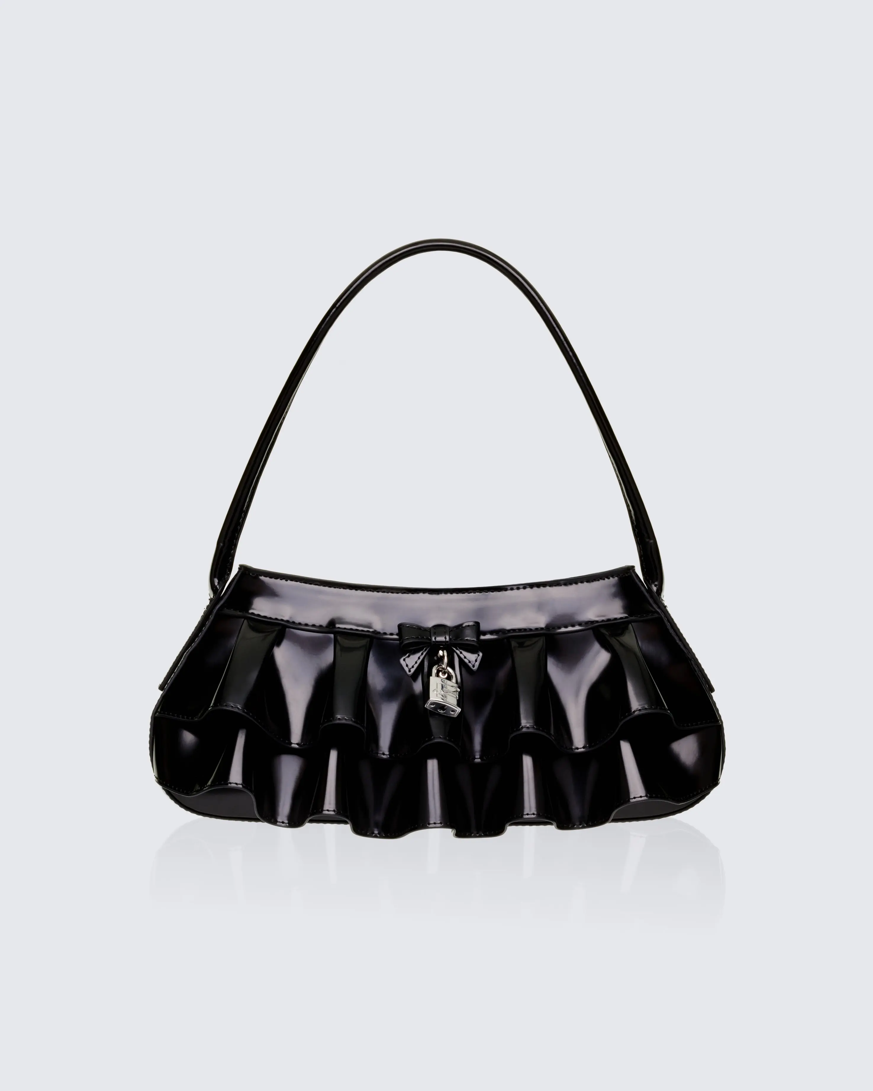 Women's Glossy Patent Leather Coquette Baguette Bag with Pleated Ruffle Front, Silver Bow Charm (Womenswear Bottoms Companion)