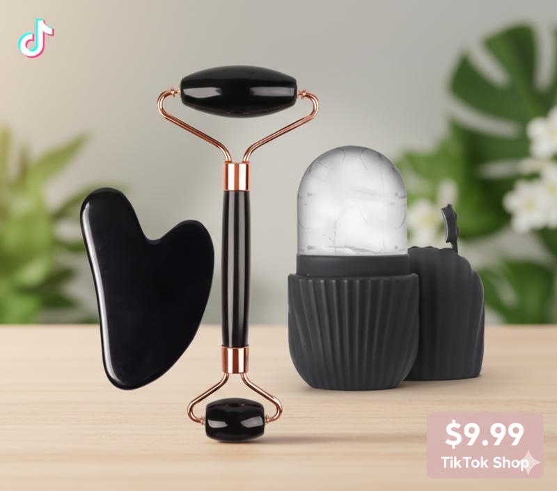 3-in-1 Ultimate Glass Skin Glow Set Ice Roller & Gua Sha Kit for Face Sculpting De-Puffing with Rose Gold Handle for Refreshed Look