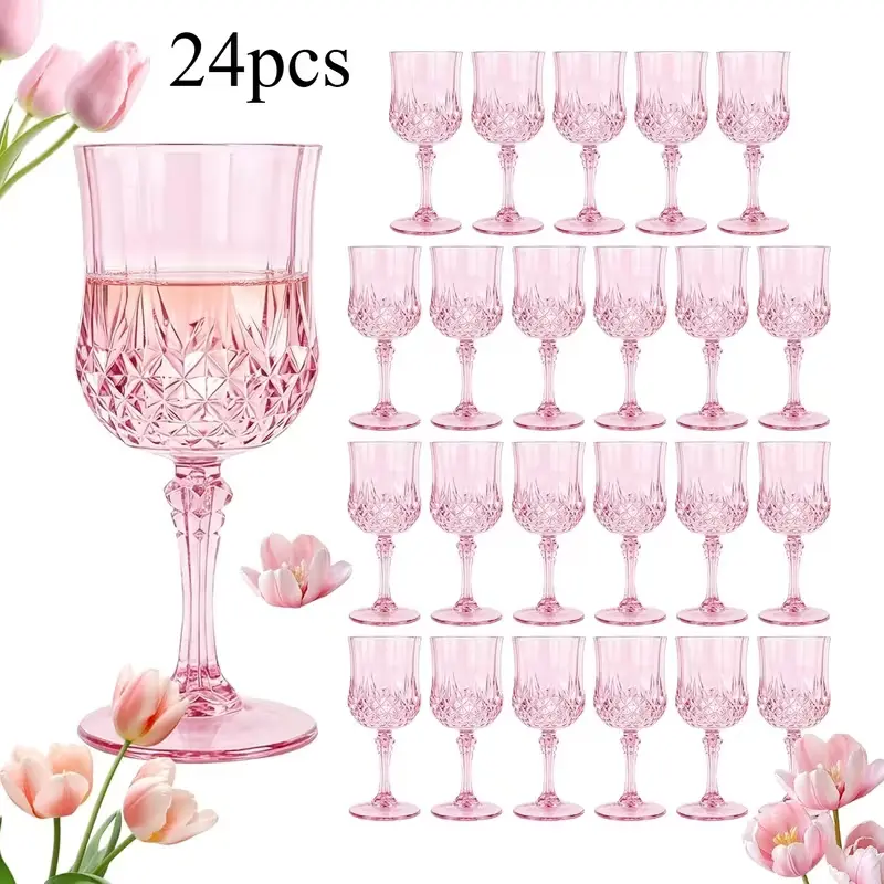 KAPLAN 24pcs Stylish Plastic Wine Glass Set - Classic, Durable Design, Reusable Drinkware for Wedding Receptions, Large Event Parties (Sold by New Life Pets Local)