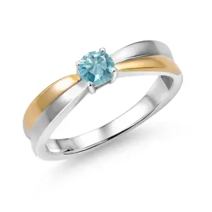 Gem Stone King 925 Silver and 10K Yellow Gold Blue Zircon Solitaire Engagement Ring For Women (0.50 Cttw, Round 4MM, Gemstone Birthstone)