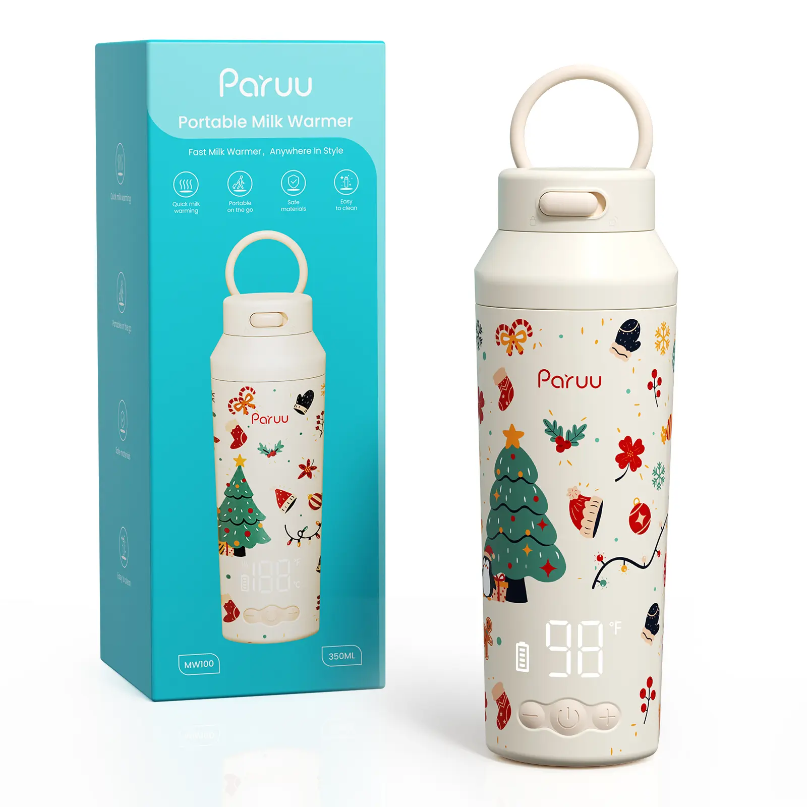 PARUU Portable Battery-Powered Baby Bottle Warmer - 12oz Fast Heat, 7 Temp Settings, BPA-Free Food-Grade, Wide Mouth, Ergonomic Shape, Hooks, C/F, Breastfeeding Compatible, Child-Lock, Short Circuit Protection, Travel-Friendly Christmas Edition