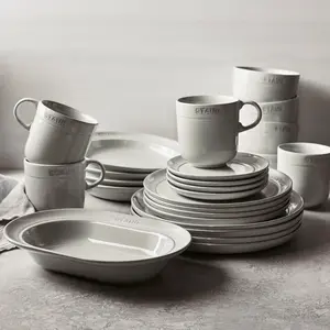 Staub 12-Piece Dinnerware Set - French Staub Truffle White Ceramic Plates & Bowls for 4
