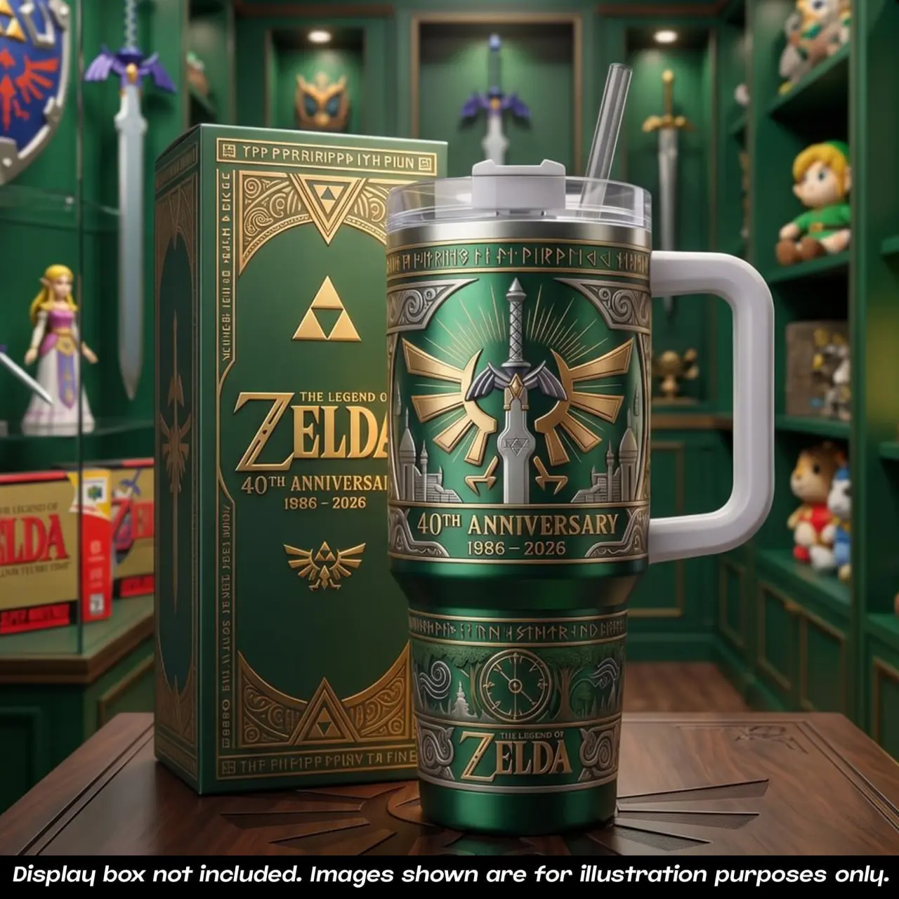 The Legend of Zelda 40th Anniversary 40oz Tumbler With Handle & Straw, Limited Edition 1986-2026 Collector Cup, Hyrule Master Sword Inspired Travel Mug, Fantasy Gamer Gift, Vacuum Insulated Stainless Steel Drinkware