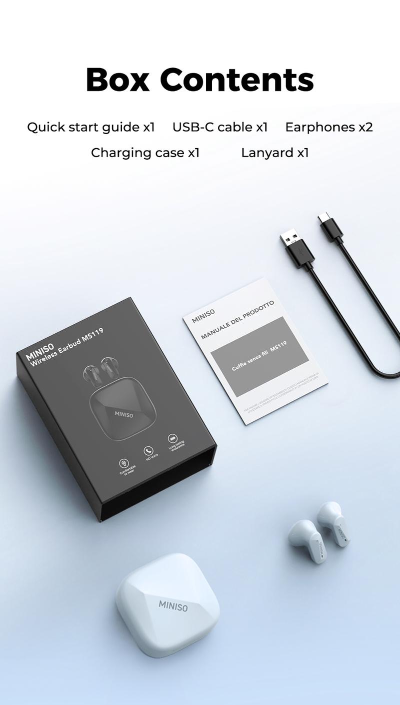 MINISO MS119 TWS True Wireless Earbuds Bluetooth Headphones, Bluetooth 6.0, 30H Long Playtime, IPX5 Water-Resistant, 2 Mics for Clear Calls, Deep Bass Sound Earphones